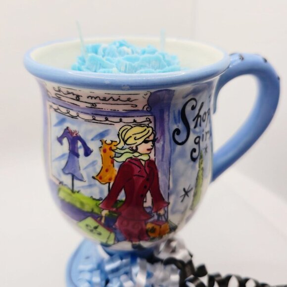 Hand-Poured Soy Candle ✦ Jennifer Brinley Shopping Girl Mug ✦ Blue Flower Topper - Picture 6 of 11
